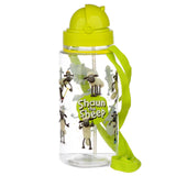 Angled view of a clear plastic 450ml children's water bottle with a lime green flip-top lid, internal straw, and matching lime green strap, decorated with Shaun the Sheep characters and logo.