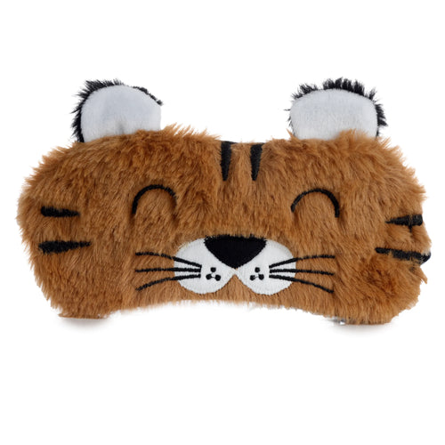 Front view of a fun plush brown tiger eye mask, featuring black stripes, white inner ears with black tips, a white snout with black nose and whiskers, and a sleeping eye design.