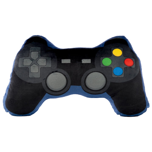 Front view of a black and blue plush game controller cushion, featuring a D-pad, joysticks, and yellow, green, red, blue coloured buttons.