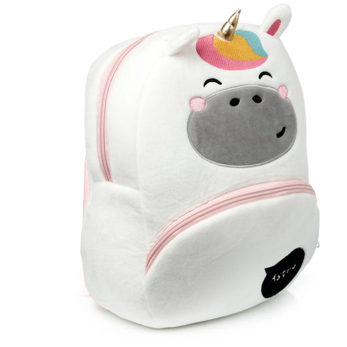 Front-angle view of a white plush unicorn backpack featuring an embroidered face with a gold horn, colorful mane, and pink zippers.