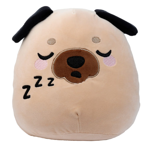 Front view of a beige Gus the Pug Adoramals plush toy, featuring a sleeping pug face with embroidered closed eyes, pink cheek blush, brown snout, black nose, black floppy ears, and black 'Z's.