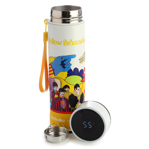 Angled view of a white insulated stainless steel drinks bottle featuring colourful Yellow Submarine artwork. The detached lid, displaying 55°C on its digital thermometer, and a separate stainless steel infuser are visible on a white background.