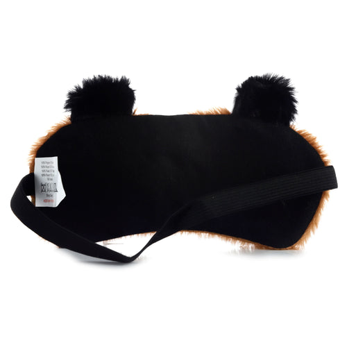Back view of a plush black tiger eye mask with brown fluffy edges, black fluffy ears, and an elastic strap.