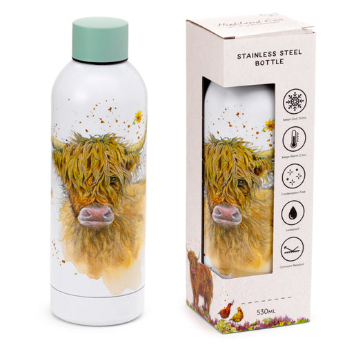 Front view of a white 530ml reusable stainless steel insulated drinks bottle with a light green lid, featuring a Highland Coo cow illustration with shaggy hair. The bottle is pictured alongside its retail packaging, which shows product features like 'Keeps Cool 24 hrs' and 'Leakproof'.