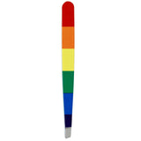 Full-length view of rainbow-striped tweezers, featuring red, orange, yellow, green, blue, and dark blue colour sections, with silver gripping tips.