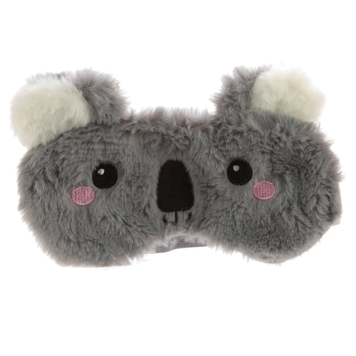 Front view of a gray plush koala eye mask with white ears, black embroidered eyes, nose, and pink cheeks.