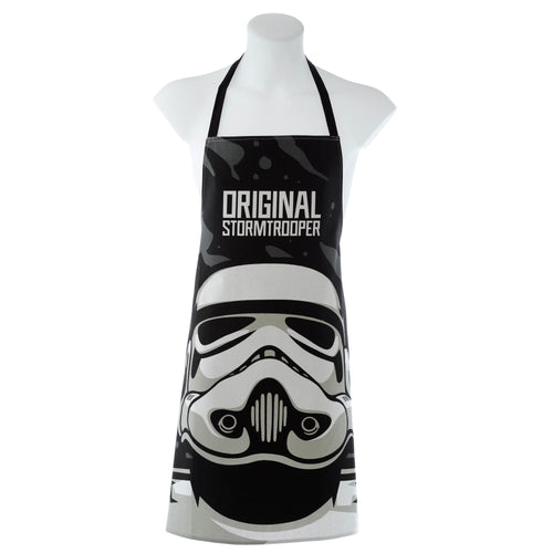 Front view of a black and white cotton apron featuring a Stormtrooper helmet graphic and ORIGINAL STORMTROOPER text.