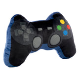 Front view of a black and blue plush game controller cushion, featuring a grey directional pad and yellow, green, red, and blue action buttons.