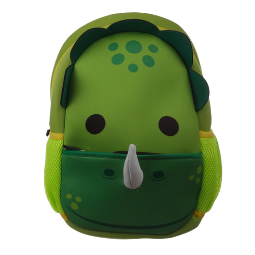 Front view of a green neoprene kids dinosaur backpack, featuring a triceratops design with a white horn, black eyes, and bright green mesh side pockets.