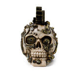 Front view of a Steampunk Skull ornament, featuring an off-white bone colour with intricate antique gold cogs, springs, and pipe detailing, topped with a cog mohawk.