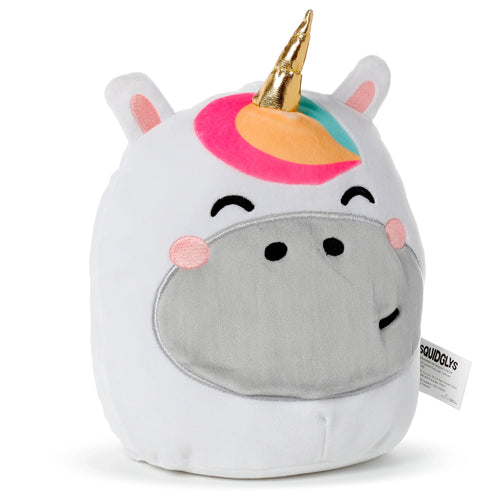 Front view of a white unicorn plush toy with a shiny golden horn, a colourful pink, orange, and blue mane, smiling embroidered eyes, a grey muzzle, and pink blush cheeks.