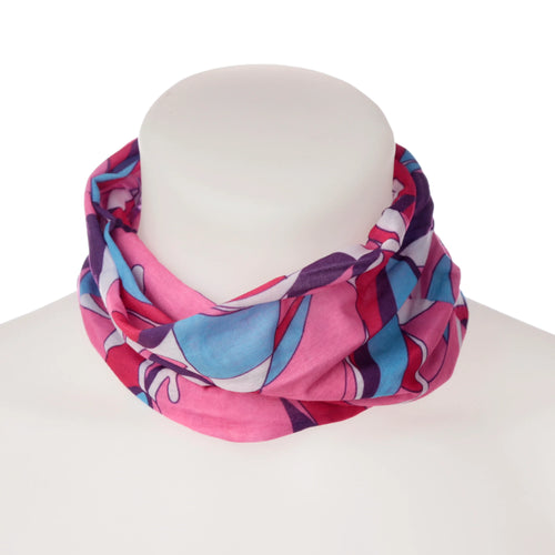 Pink patterned neck warmer tube scarf displaying abstract purple, blue, and white swirls on a white mannequin.