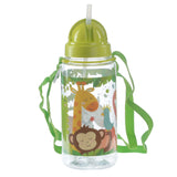Front view of a clear children's water bottle with a lime green lid and a built-in straw. The bottle features a colourful zoo animal design, including a giraffe, monkey, and parrot, and has an attached green fabric strap.