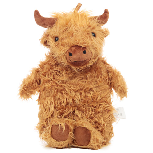 Front view of a plush, shaggy brown Highland Coo hot water bottle cover, featuring small dark eyes, a soft nose, and two small horns.
