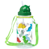 Upright clear children's water bottle with colourful cartoon dinosaur illustrations, a bright green domed lid, white straw, and a lime green carry strap with a white adjuster.