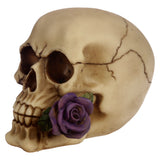 Side view of an aged bone-coloured gothic skull decoration, detailed with hairline cracks and featuring a vibrant purple rose with green leaves on its right cheek.
