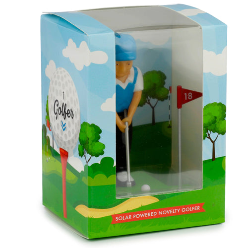 Front view of a Collectable Golfer Solar Pal in its retail box, showcasing a male golfer figure through a clear window, with golf course themed packaging featuring a golf ball graphic and red '18' flag.