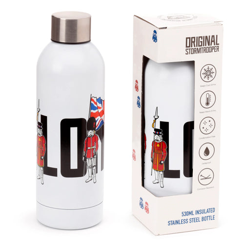 Angled view of a white 530ml stainless steel insulated drinks bottle with a metallic cap, featuring a London-themed graphic design of Stormtroopers dressed as British guards, presented alongside its white product packaging.