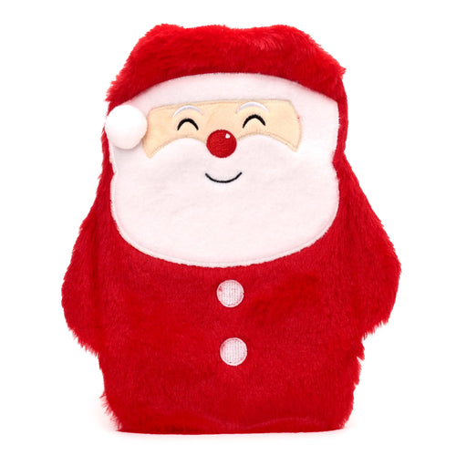 Front view of a red and white plush Christmas Santa hot water bottle with a smiling Santa Claus design.