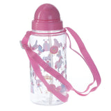 Angled view of a children's clear water bottle with a pink lid and internal straw, featuring colourful unicorn, princess, and carriage designs, complete with a pink shoulder strap.