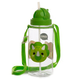 Angled view of a clear plastic children's water bottle with a bright green lid featuring an extended white straw, a cute green Triceratops dinosaur graphic, and a matching green fabric carry strap.