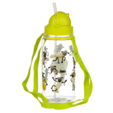 Clear children's water bottle with a lime green lid, internal straw, and adjustable lime green strap, decorated with various Shaun the Sheep characters.