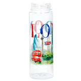 Front view of a clear reusable water bottle, featuring a colourful London-themed illustration with a red double-decker bus, the Gherkin building, Nelson's Column, and a Union Jack flag.