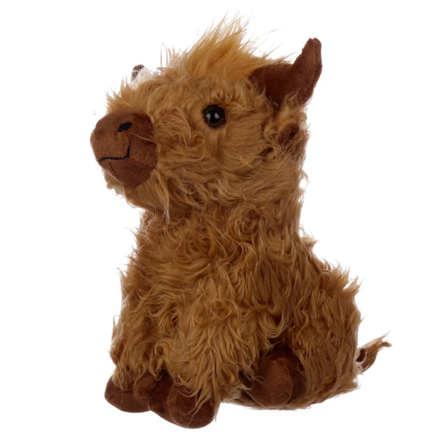 Plush Highland Coo cow door stop with shaggy light brown fur, dark eyes, and a darker brown snout, in a sitting position.