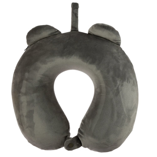 Front view of a grey plush U-shaped memory foam travel pillow with rounded ear-like details, a top hanging loop, and a button fastener connecting the ends. A small zipper pull is visible on the left side.