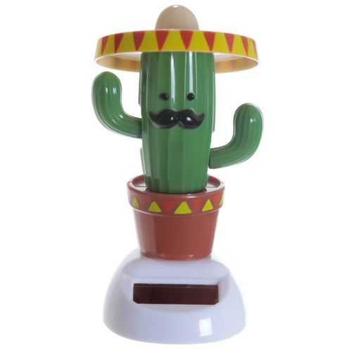 Front view of a green cactus Solar Pal figure wearing a yellow and red patterned sombrero, with a black mustache and eyes, sitting in a brown pot with matching patterns, on a white base with a solar panel.