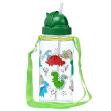 Front view of a clear children's water bottle with a green lid and light green strap. It features a multi-coloured dinosaur pattern and a white drinking straw.