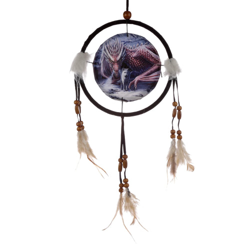 Front view of a dreamcatcher featuring a central illustration of a red dragon and a white wolf. The dreamcatcher has a dark circular hoop, adorned with white fluffy accents, wooden beads, and light-colored feathers, displayed on a white background.