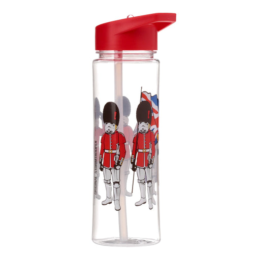 Angled view of a clear water bottle with a red flip-straw lid and an internal straw, decorated with a graphic of two Stormtroopers in red Royal Guard uniforms and bearskin hats, alongside Union Jack flags. The text 'ORIGINAL STORMTROOPER' is also visible.