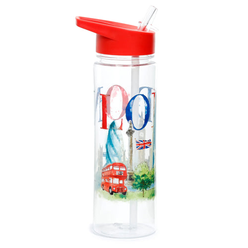 Front view of a clear reusable water bottle with a red flip straw lid, featuring a colourful London watercolour illustration including a red double-decker bus, Union Jack flag, and city landmarks.