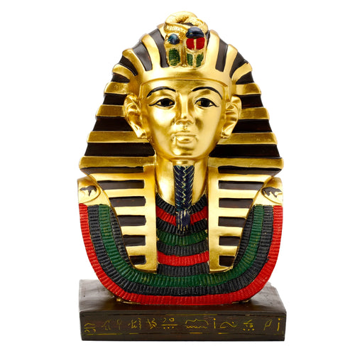 Front view of a decorative gold Egyptian Tutankhamen bust ornament, featuring a striped headdress and colorful collar on a hieroglyphic base.