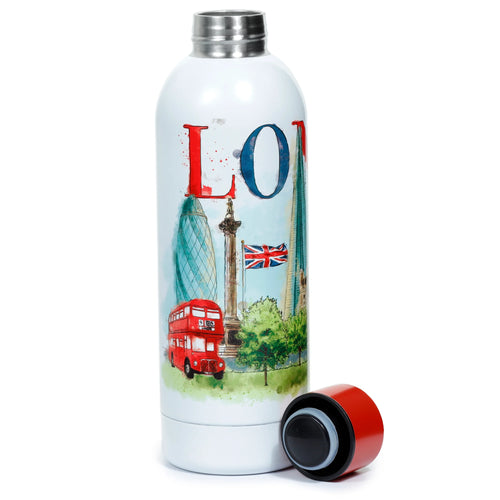 Front view of a white insulated flask with a London design, featuring a red double-decker bus, The Gherkin, Nelson's Column, and the word 'LONDON', with its red lid placed alongside.