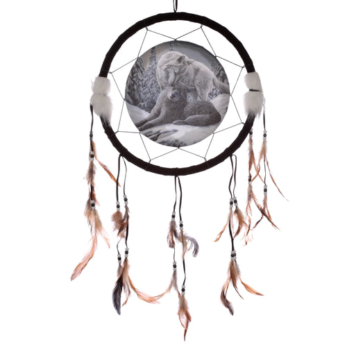 Front view of a dark dreamcatcher featuring a circular image of two wolves in a snowy landscape. It has white fluffy accents and hanging brown and black feathers with small white and black beads.