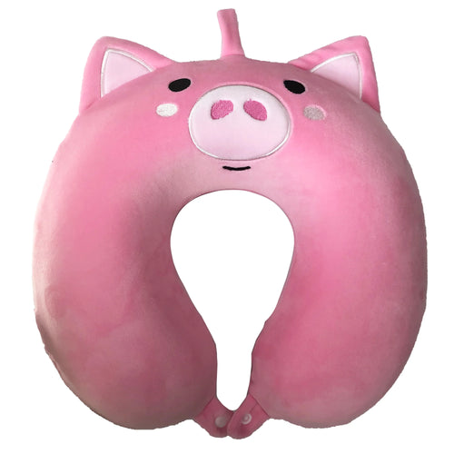 Front view of a pink plush pig memory foam travel pillow, featuring ears, a snout, embroidered eyes, a curly tail at the top, and two white fastening poppers.