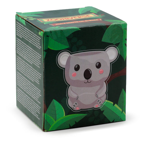 Angled view of a dark green packaging box for a koala oil burner, featuring a cartoon koala illustration and leaf patterns.