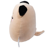 Angled view of a beige Gus the Pug Adoramals plush toy, showing black floppy ears, embroidered eyes, a pink nose, and a small curled tail.