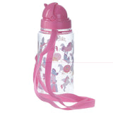 Children's clear water bottle with a pink flip-top lid and pink carry strap, featuring colourful unicorn, butterfly, and carriage designs.