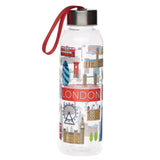 Front view of a clear water bottle with a metallic silver lid and a red fabric loop, decorated with illustrations of London icons including a red double-decker bus, the Gherkin, a post box, Tower Bridge, the London Eye, Big Ben, and the Tower of London, with the word 'LONDON' in red capital letters.