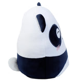 Angled right side view of a white and dark blue Squidglys Susu panda plush toy, with embroidered eyes, pink blush, and a fluffy white tail.