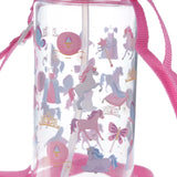 Close-up of a clear children's water bottle with a pink strap, featuring various colourful unicorn, princess, and butterfly designs, including a visible internal straw.