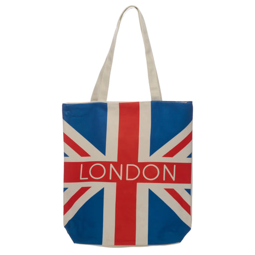 Front view of a cotton shopping bag featuring a Union Jack design in red, white, and blue, with 'LONDON' text printed in white.