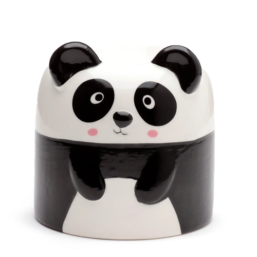 Front view of a white and black ceramic panda shaped oil burner, featuring black ears, eye patches, and a nose with pink cheeks.
