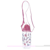Angled view of a clear children's water bottle with a pink lid, internal straw, and a pink carry strap, featuring a colourful unicorn and rainbow-themed design including crowns, carriages, and butterflies.
