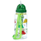 A clear children's water bottle featuring a bright green domed lid, an extended white straw, and a vibrant green carry strap. The bottle is decorated with a colourful wraparound pattern of cartoon dinosaurs and outlined plants.