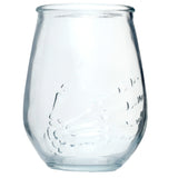 Front view of a clear glass tumbler with an embossed skeleton hand design.