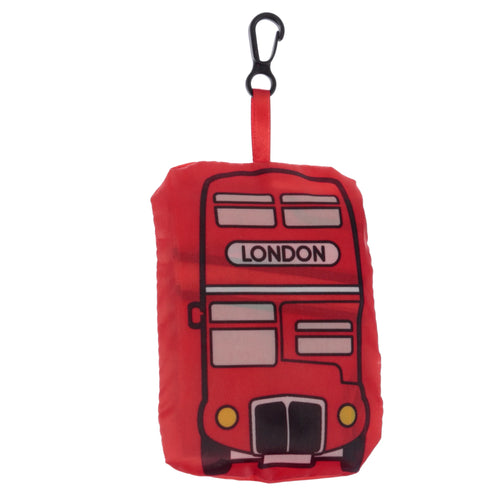 Front view of a red foldable shopping bag, featuring a London double-decker bus design with LONDON text and a black carabiner clip.